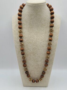 J Crew Wood Bead Gold Crystal Ball Long Necklace